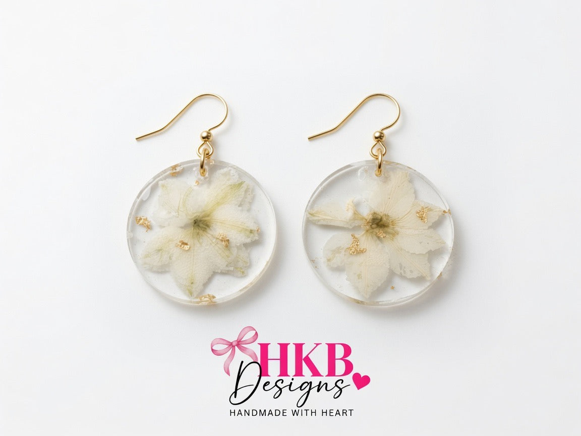 White Blossom Round Resin Earrings