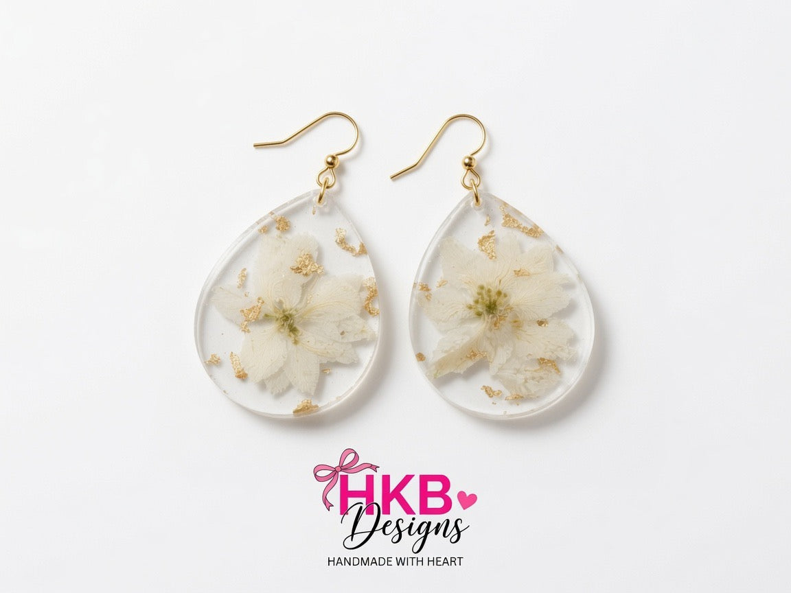 White Blossom Teardrop Resin Earrings