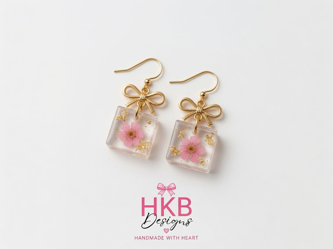 Pink Blossom Square Shape Resin Earrings – Gold Flake Floral