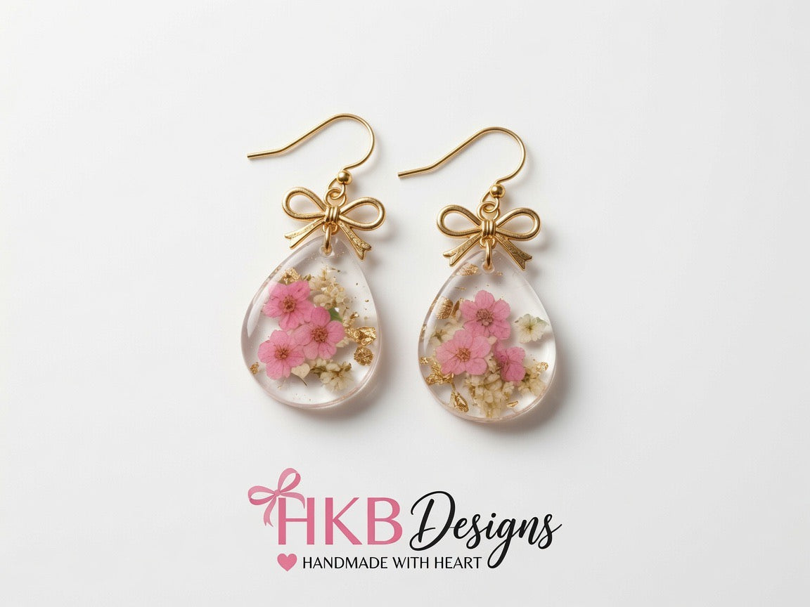 Pink Blossom Teardrop Shape Resin Earrings – Gold Flake Floral 2cm(w)