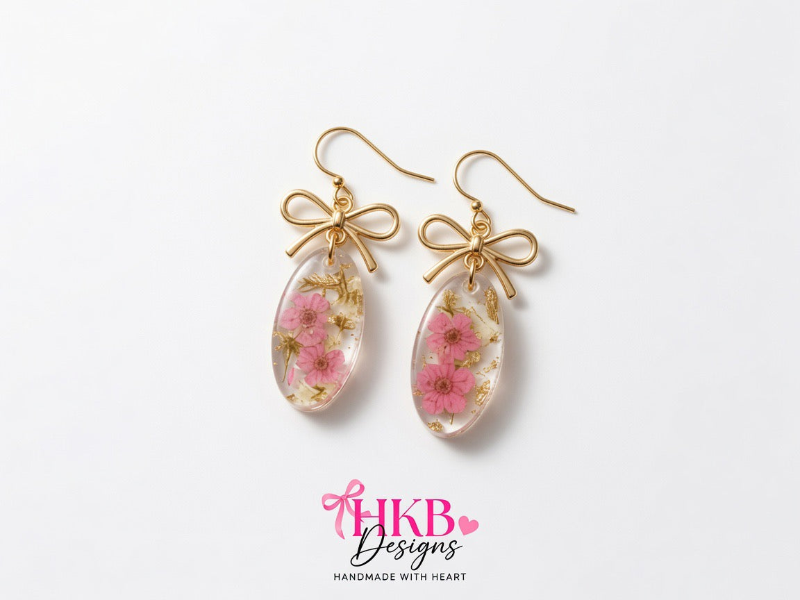 Pink Blossom Long Oval Shape Resin Earrings – Gold Flake Floral