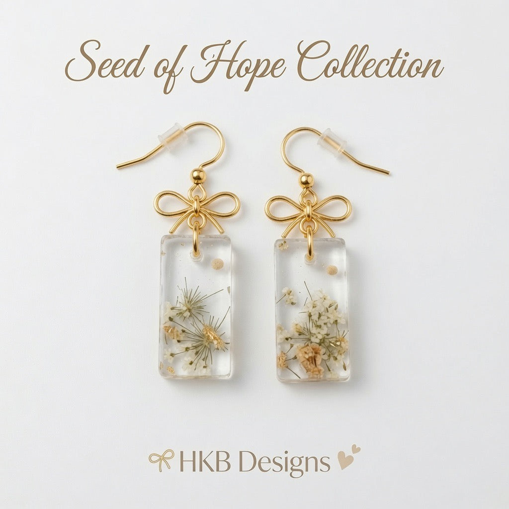Seed of Hope Collection – Rectangle Resin Earrings with Gold Bows