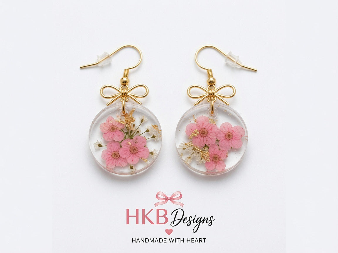 Pink Blossom Round Shape Resin Earrings – Gold Flake Floral