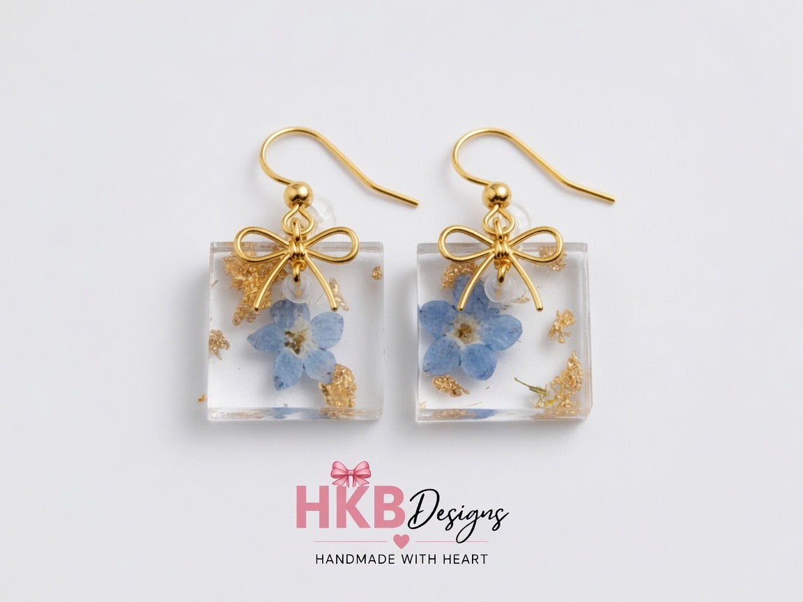 Forget me not Blossom Square Shape Resin Earrings – Gold Flake Floral