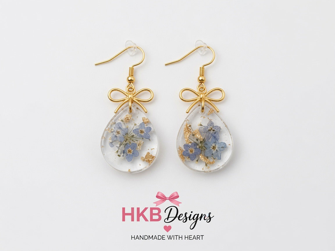 Forget Me Not Dreams - Teardrop Shape Resin Earrings – Lavender and Gold Flake Floral