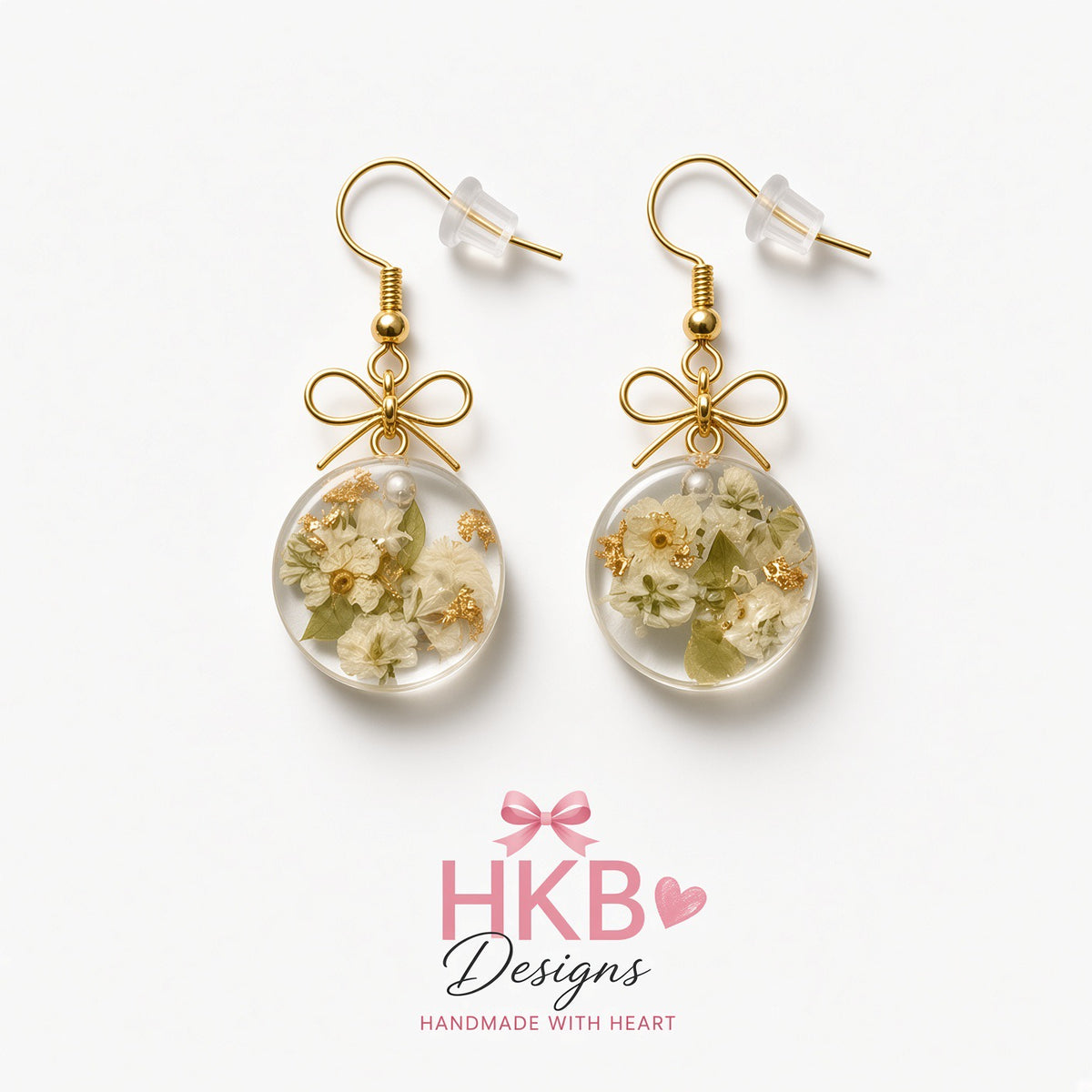White Blossom Round Shape Resin Earrings – Gold Flake Floral