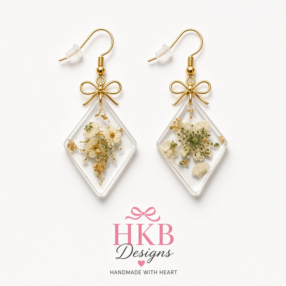 White Blossom Diamond Shape Resin Earrings – Gold Flake Floral