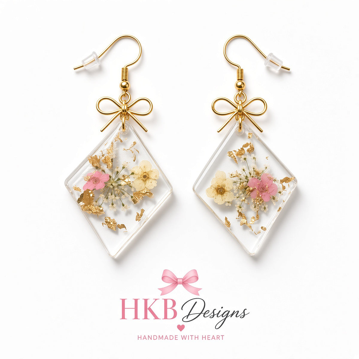 White & Pink Blossom Diamond Shape Resin Earrings – Gold Flake Floral