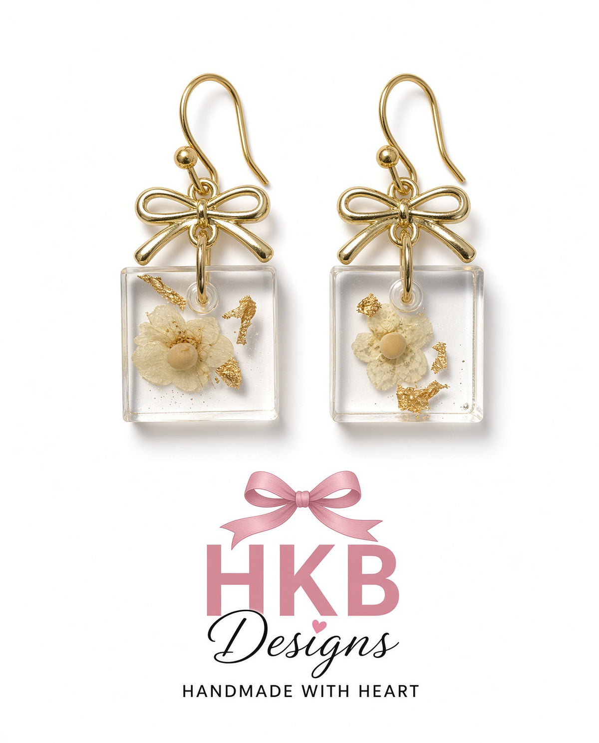 Seed of Hope Collection – Square Resin Earrings with Gold Bows