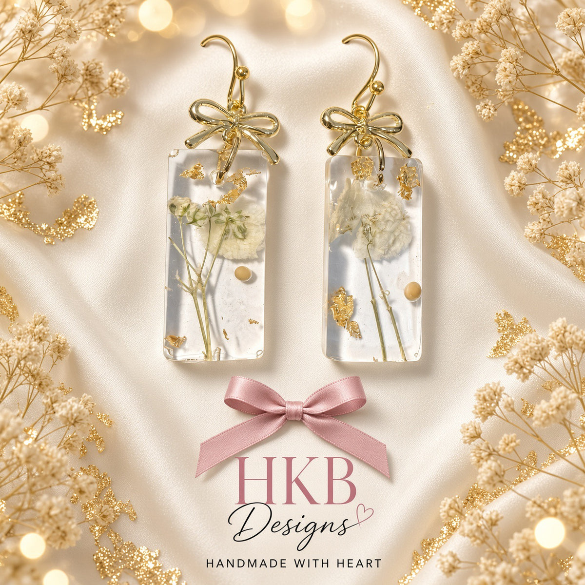 Seed of Hope Collection – Rectangle Resin Earrings with Gold Bows