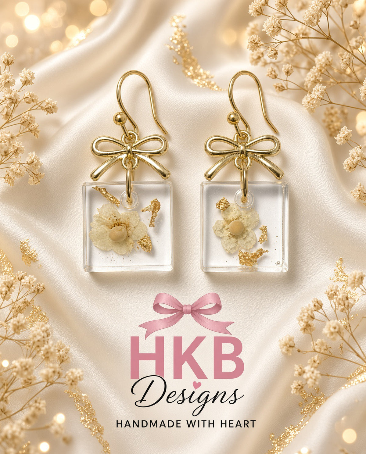 Seed of Hope Collection – Square Resin Earrings with Gold Bows